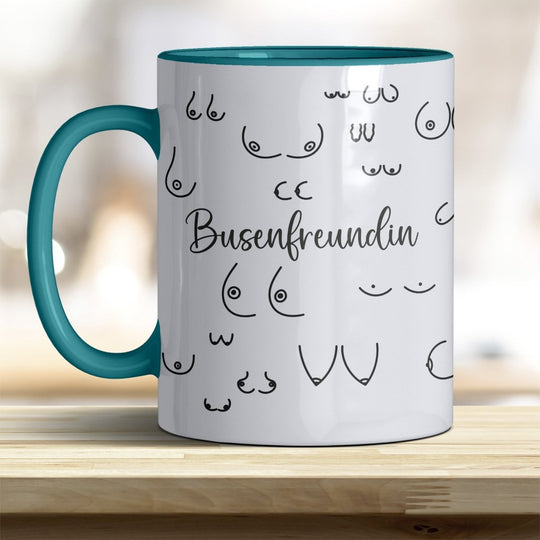 Kaffeebecher Tasse Busenfreundin – Lustiges Geschenk mit trendigen Rand - und Henkelfarben - all - yours24