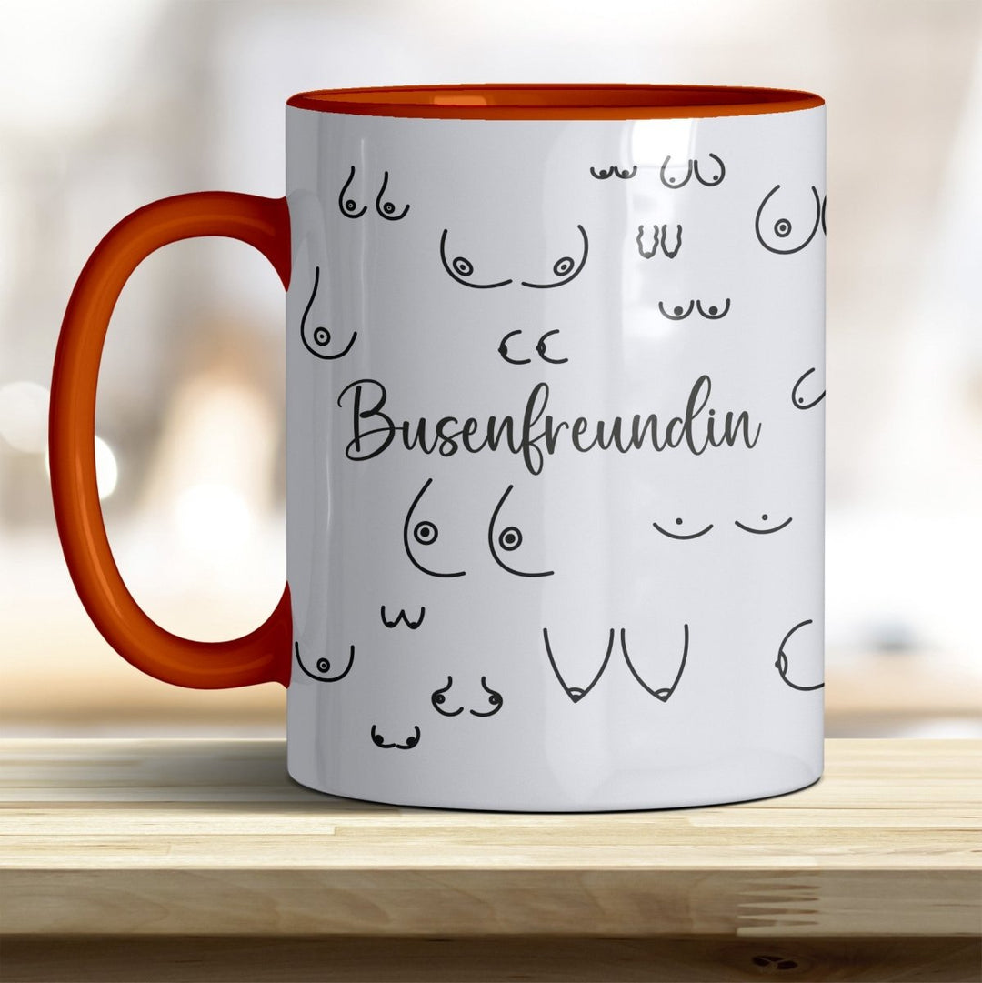 Kaffeebecher Tasse Busenfreundin – Lustiges Geschenk mit trendigen Rand - und Henkelfarben - all - yours24