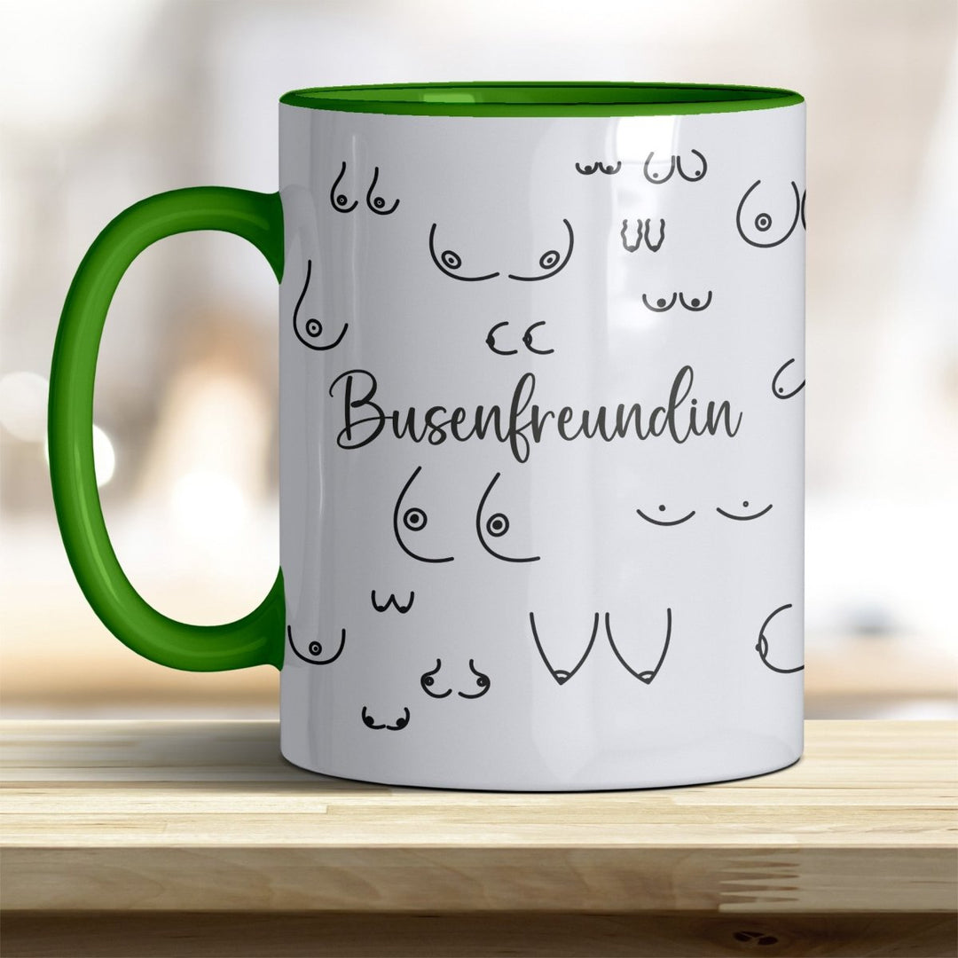 Kaffeebecher Tasse Busenfreundin – Lustiges Geschenk mit trendigen Rand - und Henkelfarben - all - yours24