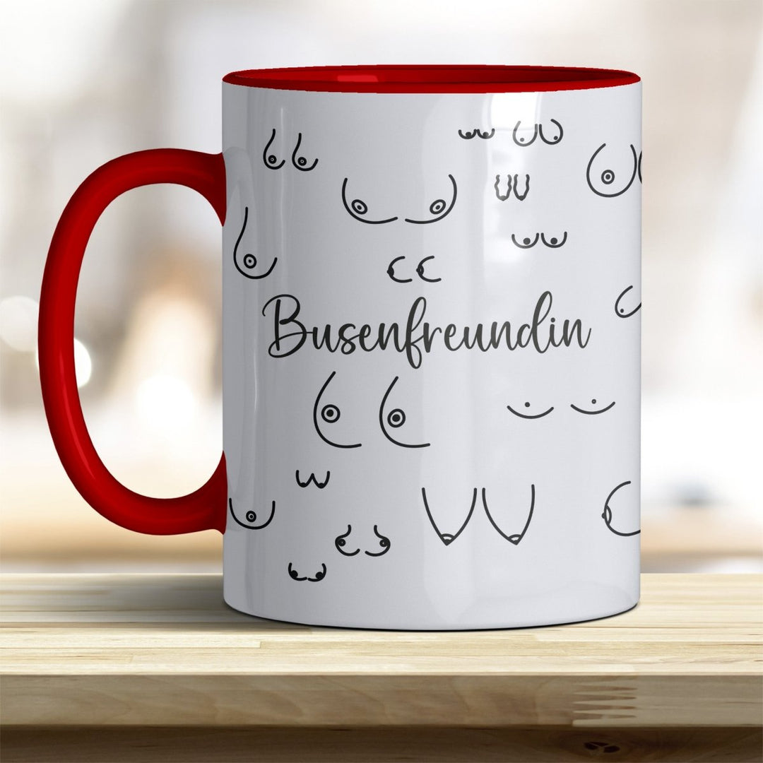 Kaffeebecher Tasse Busenfreundin – Lustiges Geschenk mit trendigen Rand - und Henkelfarben - all - yours24