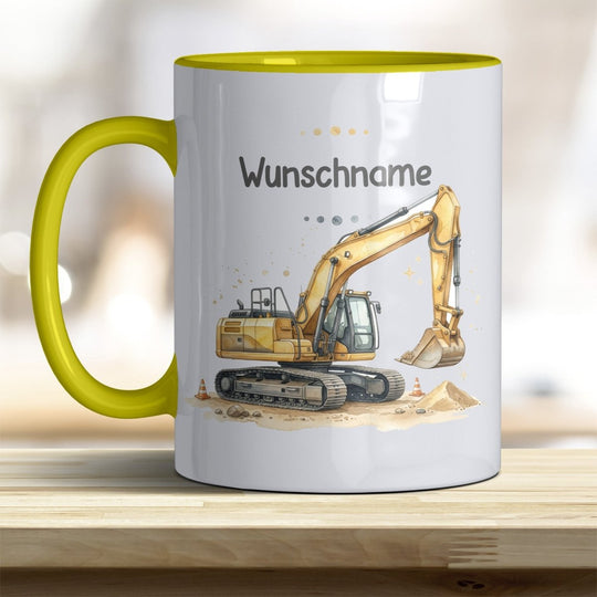 Kindertasse Bagger personalisierbar mit Namen in verschiedenen Farben - all-yours24