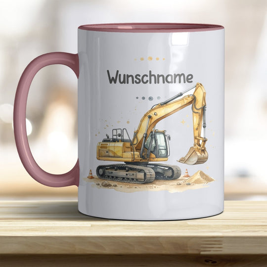 Kindertasse Bagger personalisierbar mit Namen in verschiedenen Farben - all-yours24