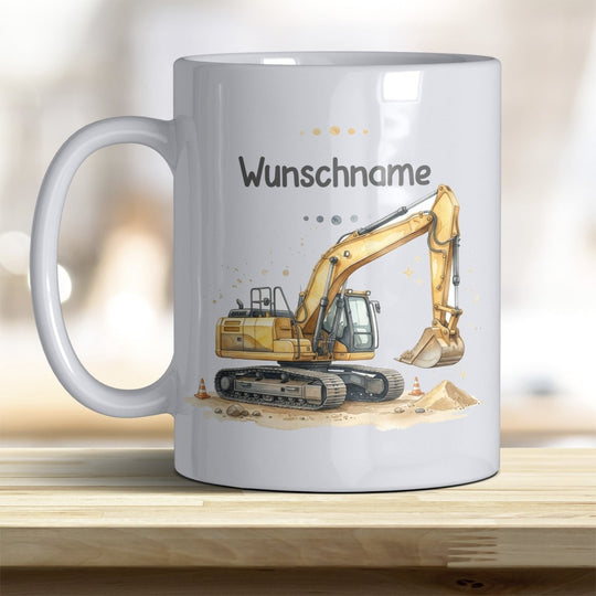 Kindertasse Bagger personalisierbar mit Namen in verschiedenen Farben - all-yours24