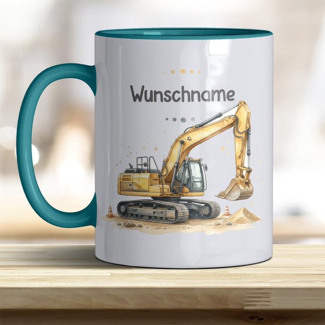 Kindertasse Bagger personalisierbar mit Namen in verschiedenen Farben - all-yours24