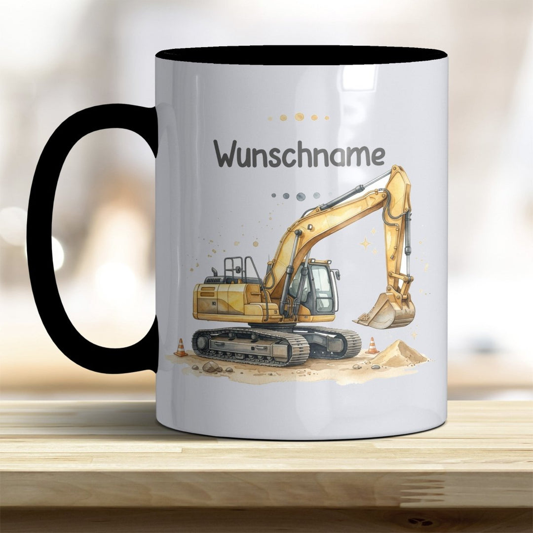 Kindertasse Bagger personalisierbar mit Namen in verschiedenen Farben - all-yours24