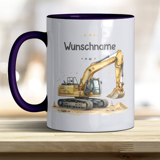 Kindertasse Bagger personalisierbar mit Namen in verschiedenen Farben - all-yours24