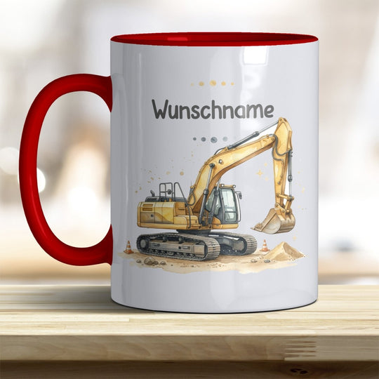Kindertasse Bagger personalisierbar mit Namen in verschiedenen Farben - all-yours24
