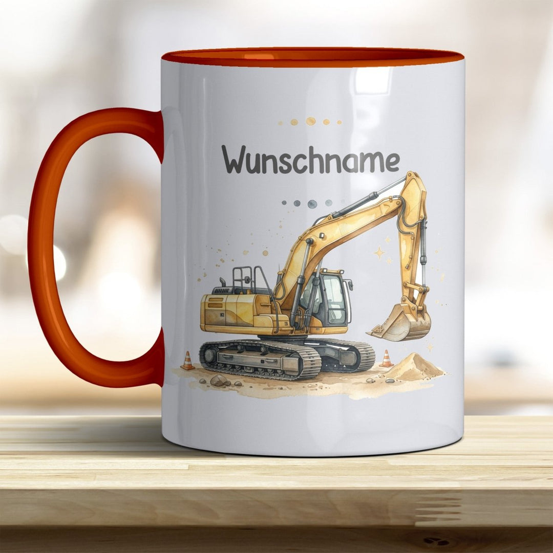 Kindertasse Bagger personalisierbar mit Namen in verschiedenen Farben - all-yours24