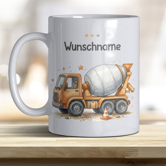 Kindertasse Betonmischer personalisierbar mit Namen in verschiedenen Farben - all-yours24