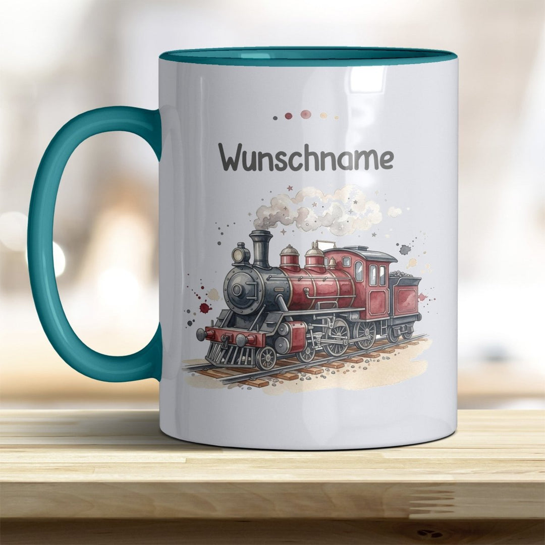 Kindertasse Dampflok personalisierbar mit Namen in verschiedenen Farben - all-yours24