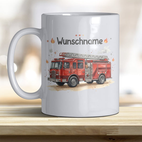 Kindertasse Feuerwehrauto personalisierbar mit Namen in verschiedenen Farben - all-yours24