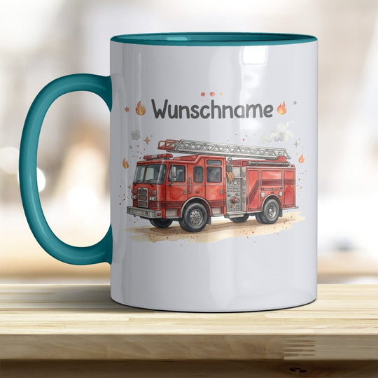 Kindertasse Feuerwehrauto personalisierbar mit Namen in verschiedenen Farben - all-yours24