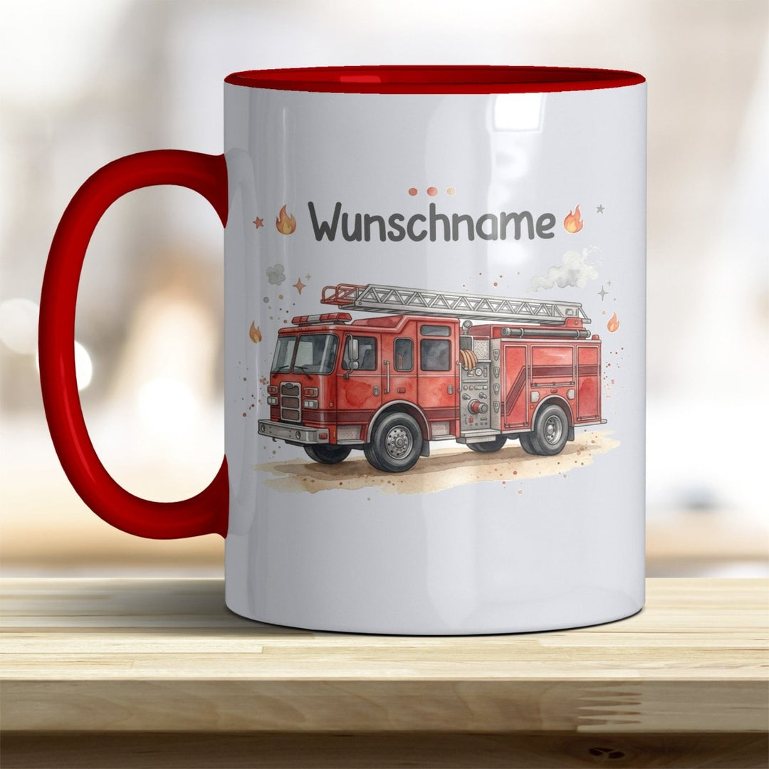 Kindertasse Feuerwehrauto personalisierbar mit Namen in verschiedenen Farben - all-yours24