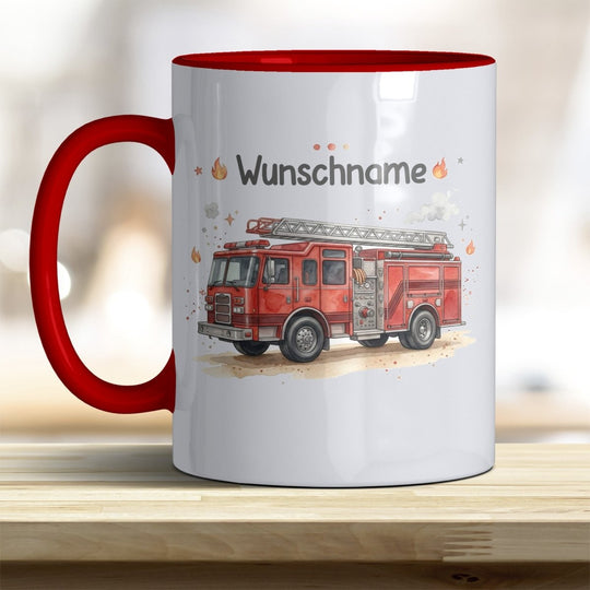 Kindertasse Feuerwehrauto personalisierbar mit Namen in verschiedenen Farben - all-yours24