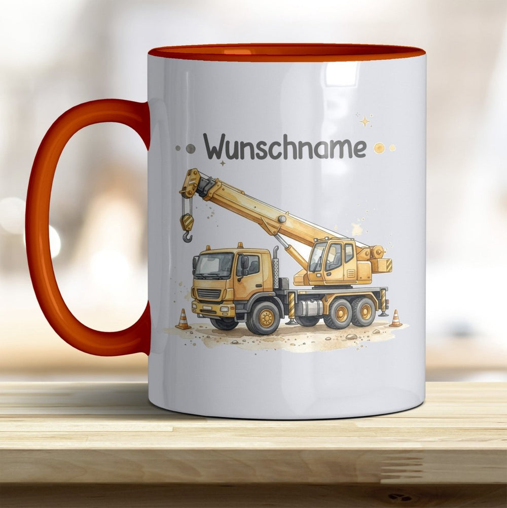 Kindertasse Kran personalisierbar mit Namen in verschiedenen Farben - all-yours24