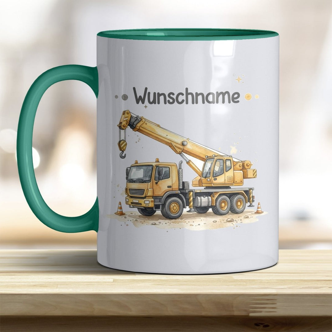Kindertasse Kran personalisierbar mit Namen in verschiedenen Farben - all-yours24