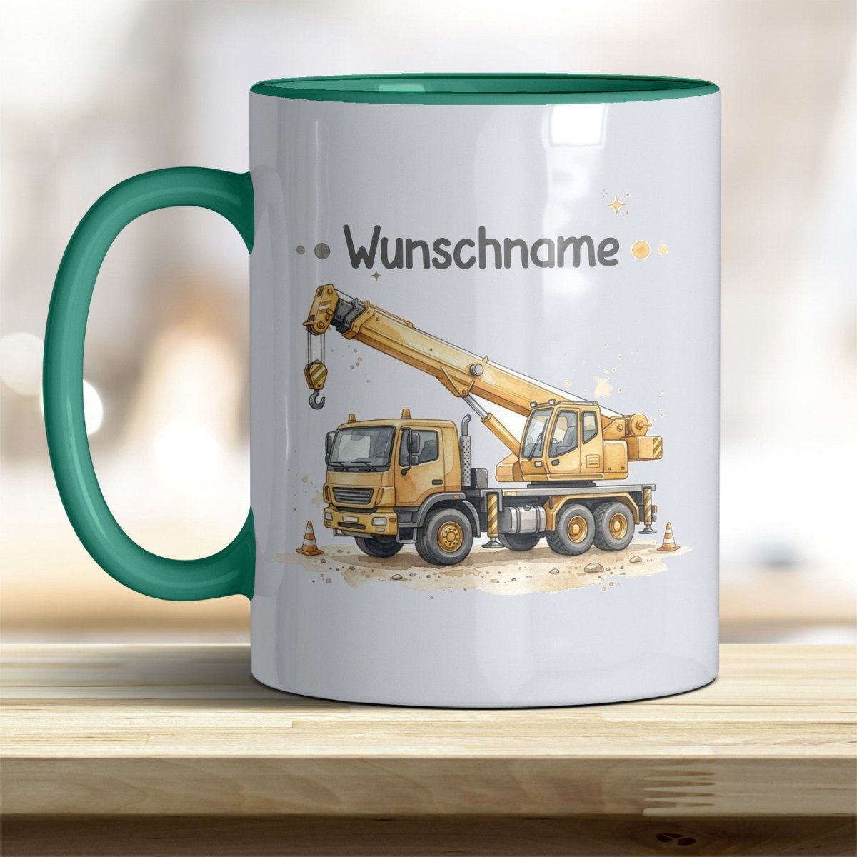 Kindertasse Kran personalisierbar mit Namen in verschiedenen Farben - all-yours24