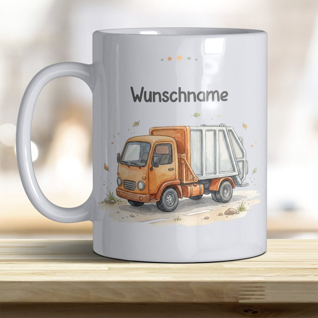 Kindertasse Müllauto personalisierbar mit Namen in verschiedenen Farben - all-yours24