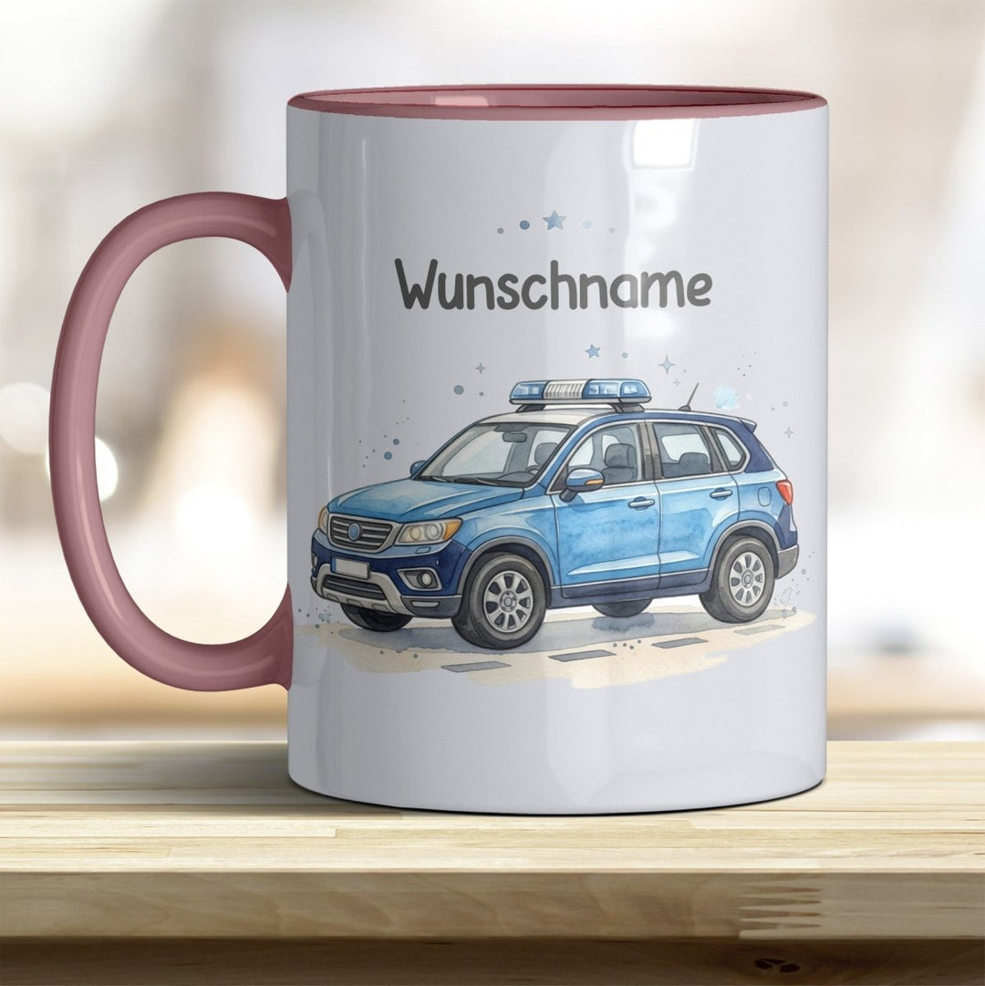Kindertasse Polizeiauto personalisierbar mit Namen in verschiedenen Farben - all-yours24