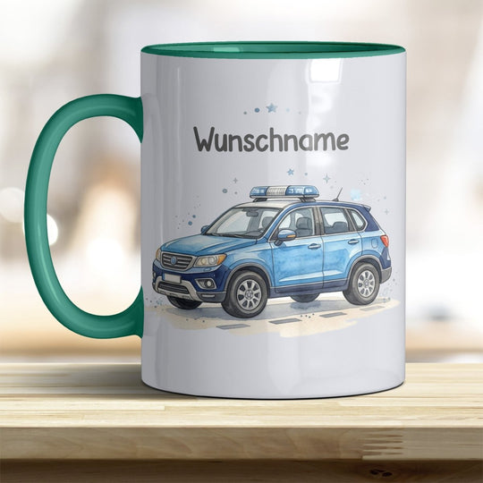Kindertasse Polizeiauto personalisierbar mit Namen in verschiedenen Farben - all-yours24