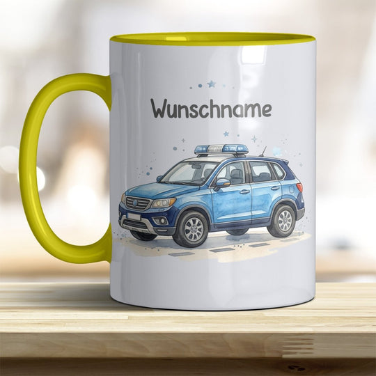 Kindertasse Polizeiauto personalisierbar mit Namen in verschiedenen Farben - all-yours24