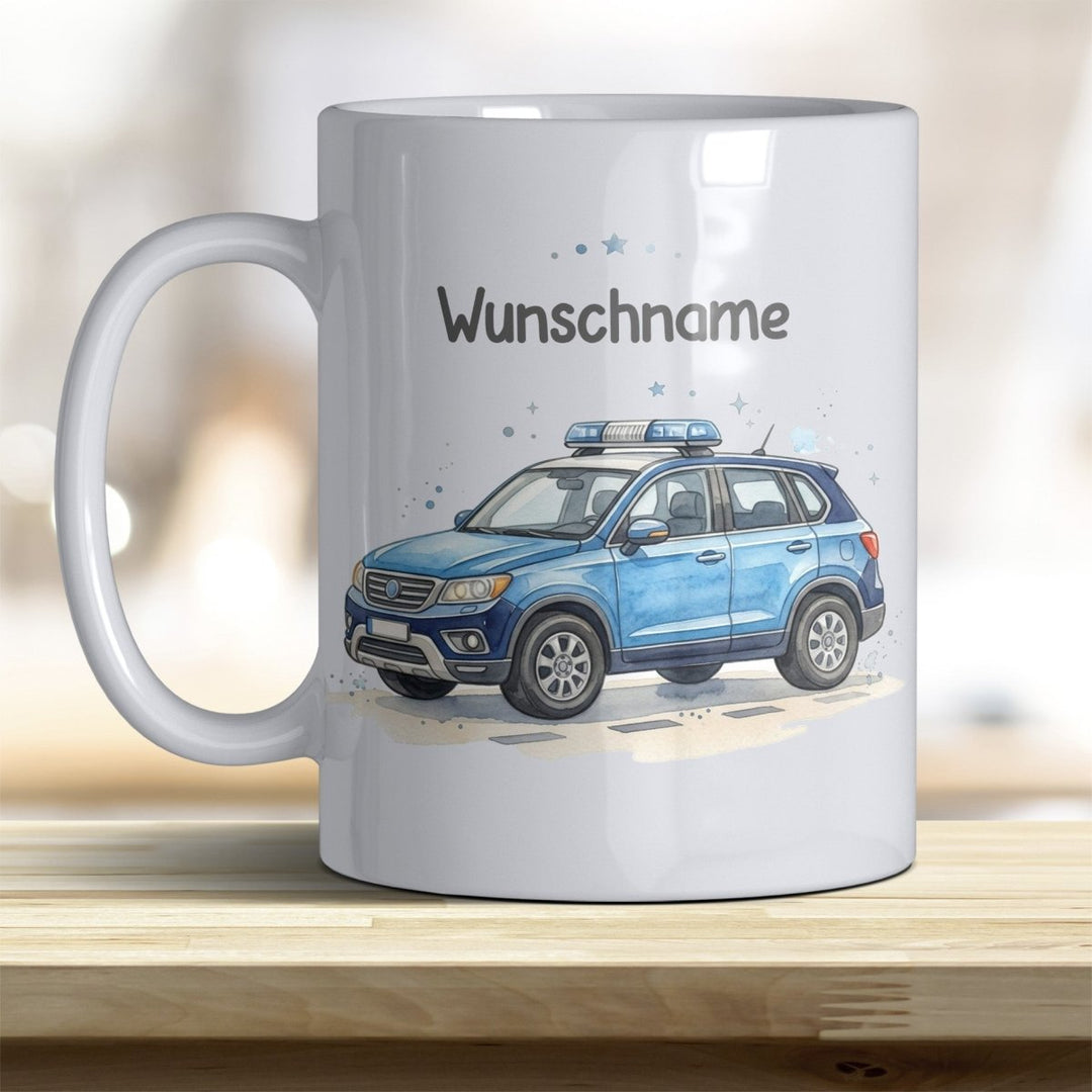 Kindertasse Polizeiauto personalisierbar mit Namen in verschiedenen Farben - all-yours24