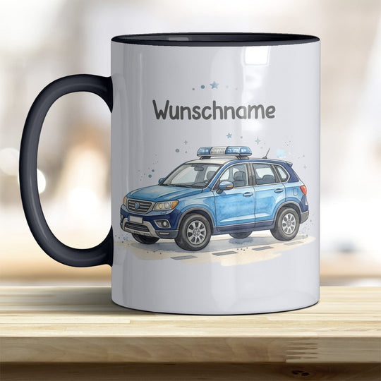 Kindertasse Polizeiauto personalisierbar mit Namen in verschiedenen Farben - all-yours24