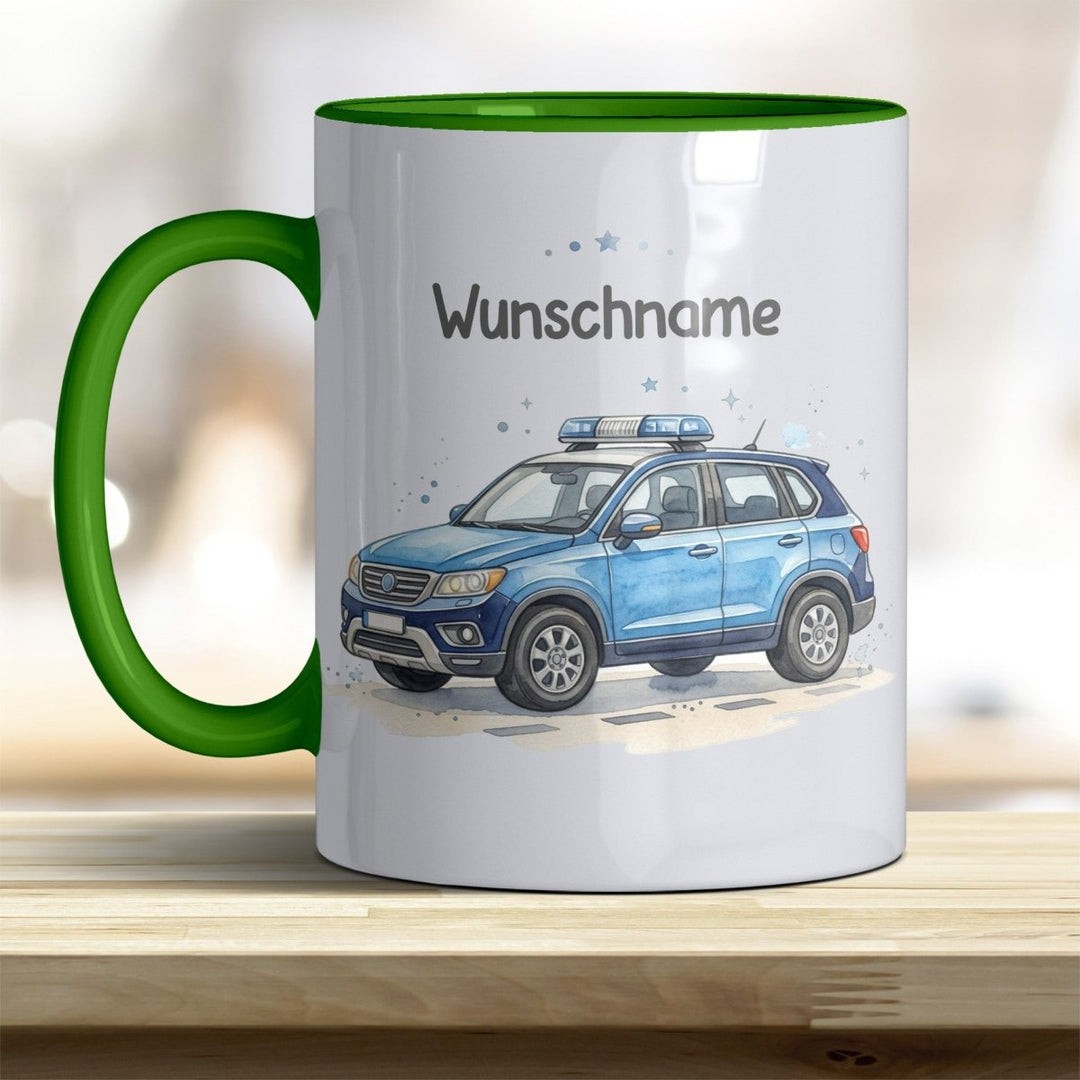 Kindertasse Polizeiauto personalisierbar mit Namen in verschiedenen Farben - all-yours24