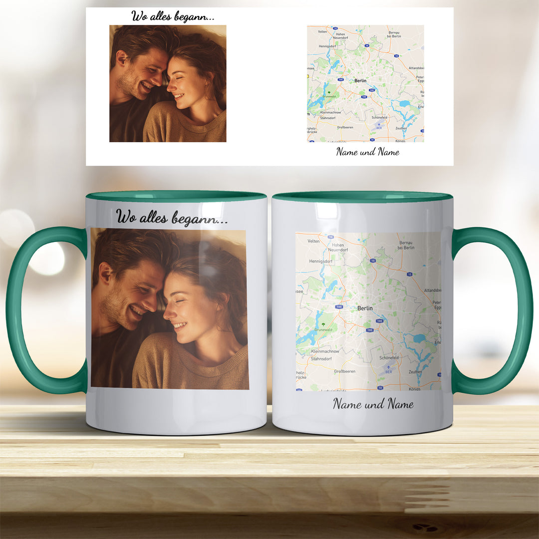 Personalisierte Tasse Wo alles begann – mit Foto, Karte & Namen