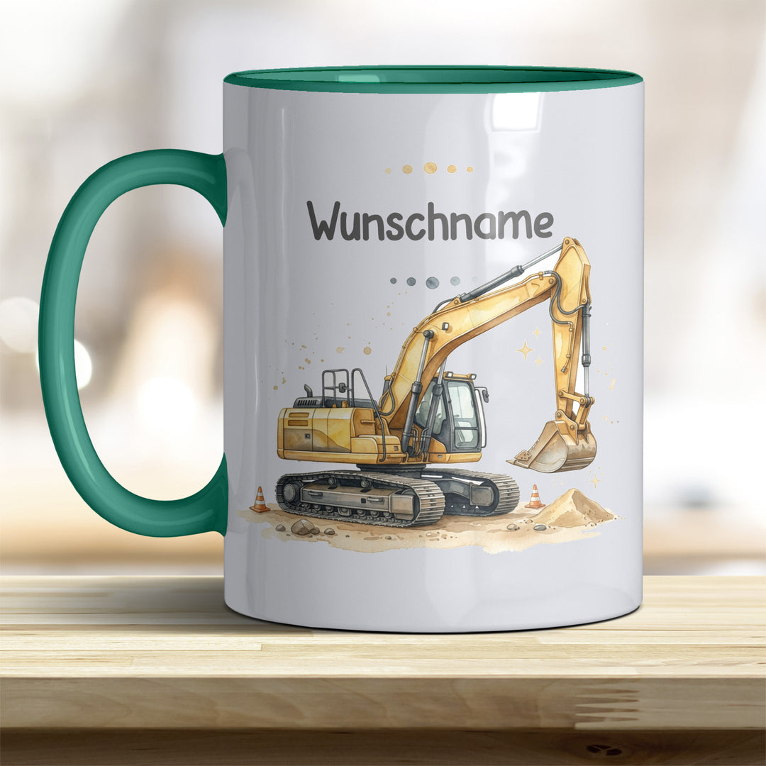 Kindertasse Bagger personalisierbar mit Namen in verschiedenen Farben