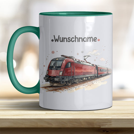 Kindertasse Zug personalisierbar mit Namen in verschiedenen Farben