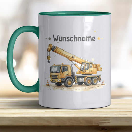 Kindertasse Kran personalisierbar mit Namen in verschiedenen Farben