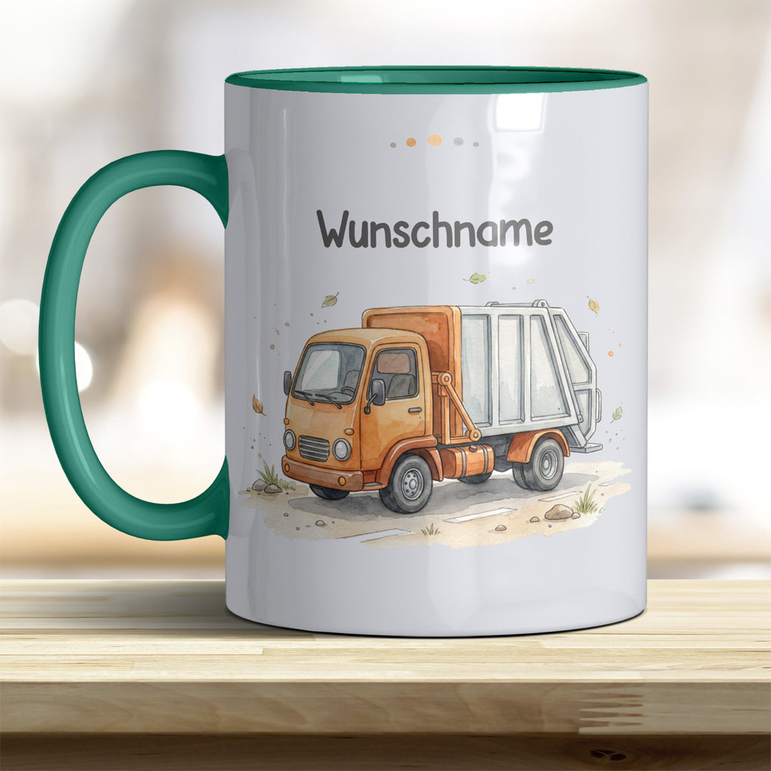 Kindertasse Müllauto personalisierbar mit Namen in verschiedenen Farben