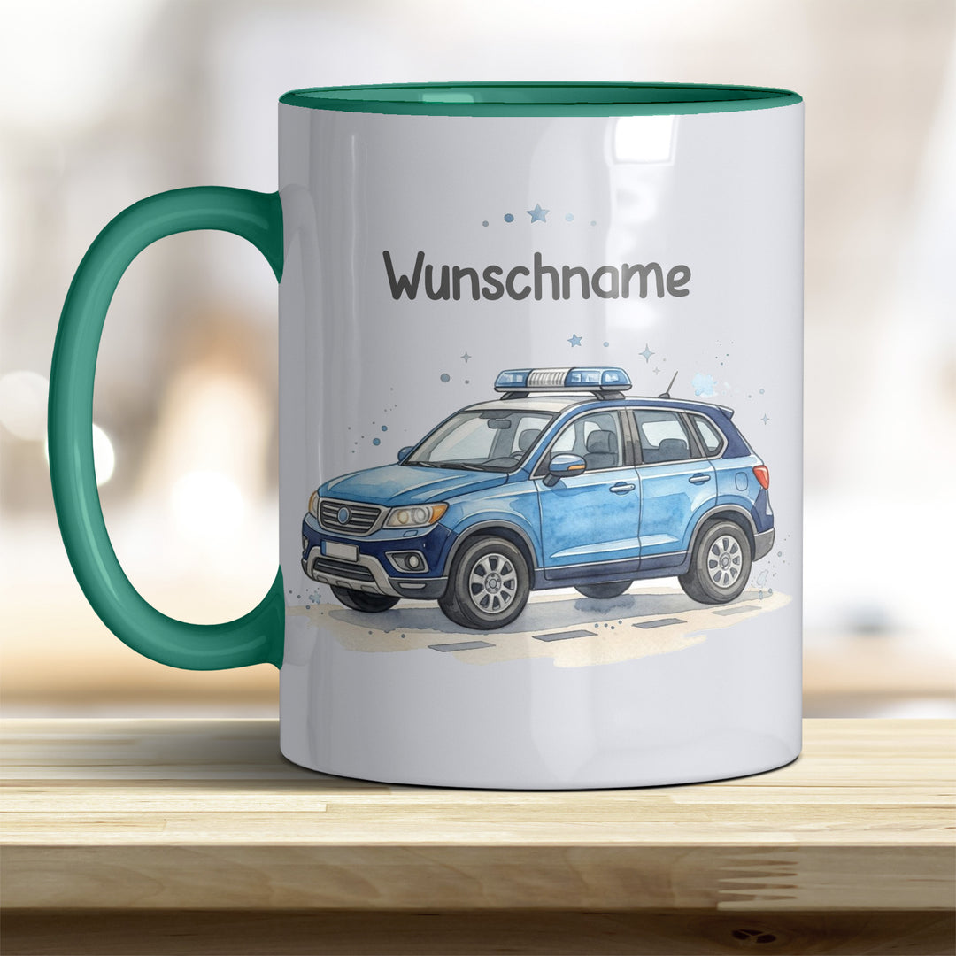 Kindertasse Polizeiauto personalisierbar mit Namen in verschiedenen Farben