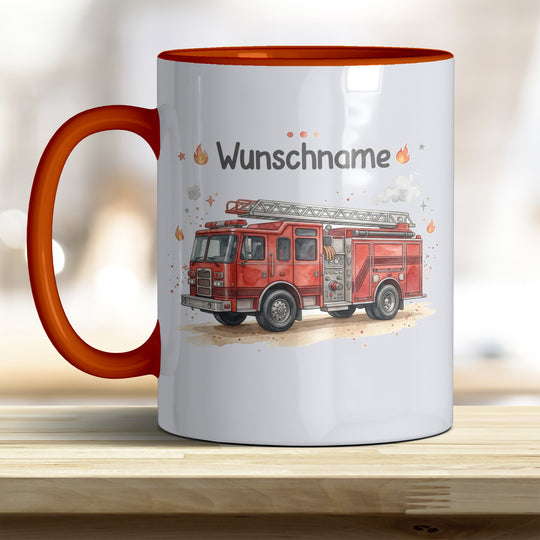 Kindertasse Feuerwehrauto personalisierbar mit Namen in verschiedenen Farben