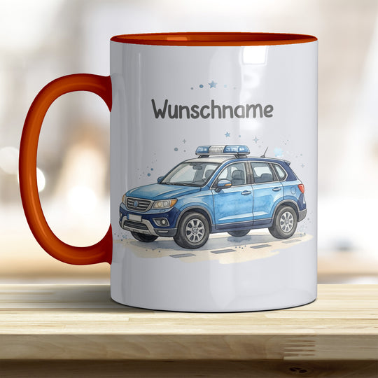 Kindertasse Polizeiauto personalisierbar mit Namen in verschiedenen Farben