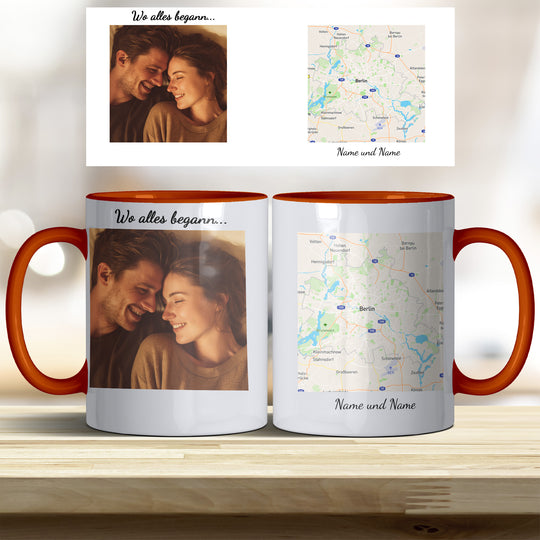 Personalisierte Tasse Wo alles begann – mit Foto, Karte & Namen