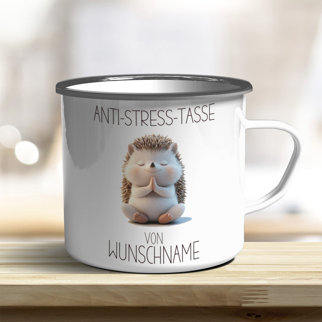 Personalisierbarer Anti Stress Emaille Becher mit süßem Tiermotiv und Wunschnamen - all - yours24