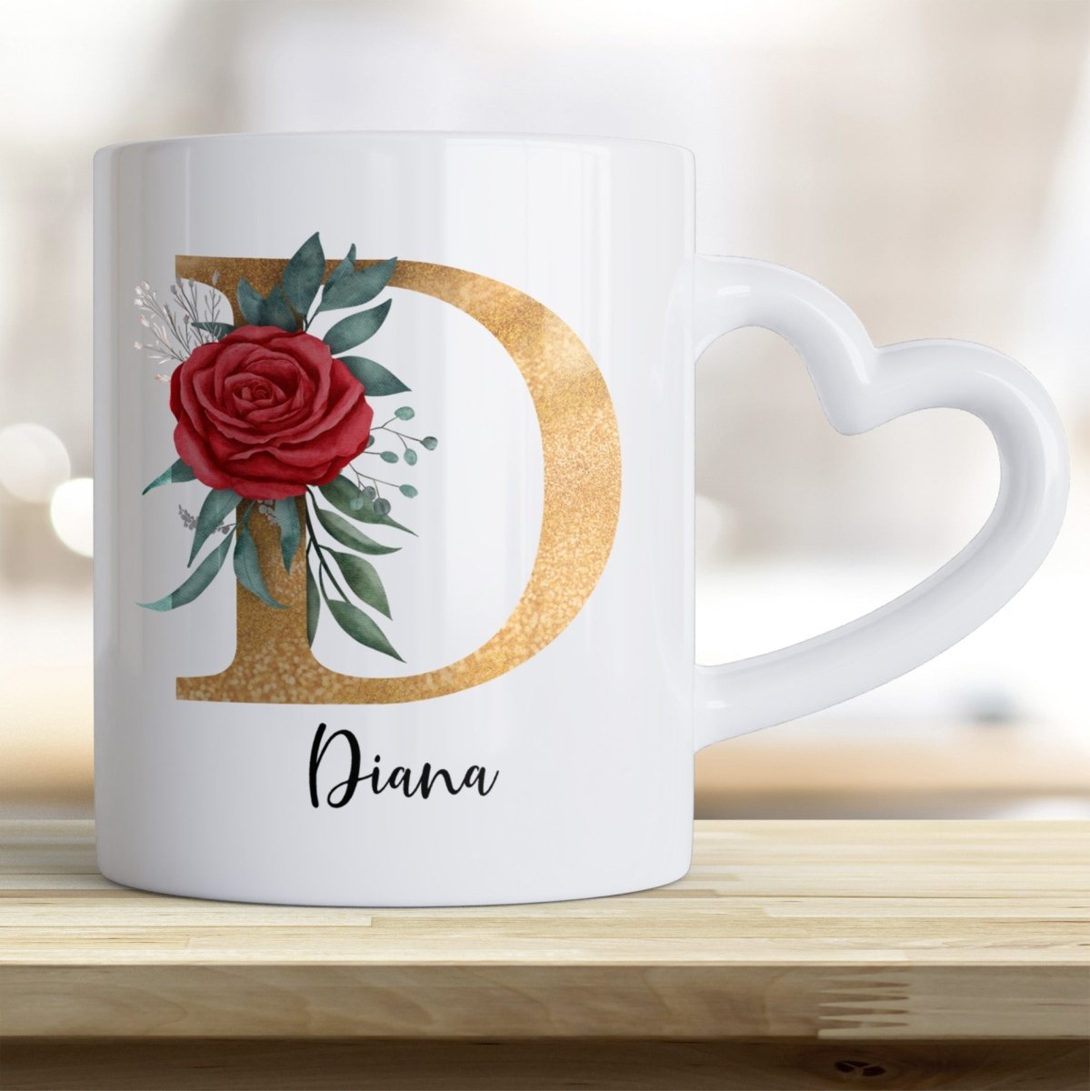 Personalisierte Herzhenkel Tasse mit Initialen Name – Goldener Buchstabe mit Rose trendige Farben - all - yours24