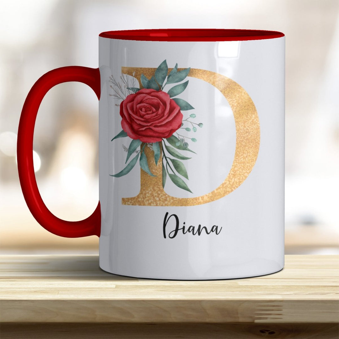 Personalisierte Initialen Tasse mit Name – Goldener Buchstabe mit Rose trendige Farben - all - yours24
