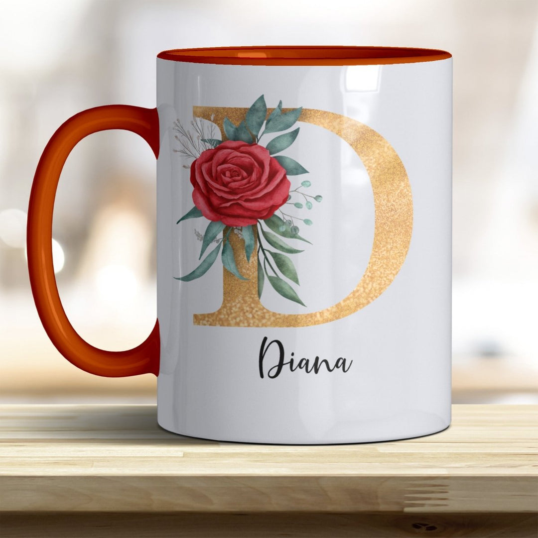 Personalisierte Initialen Tasse mit Name – Goldener Buchstabe mit Rose trendige Farben - all - yours24