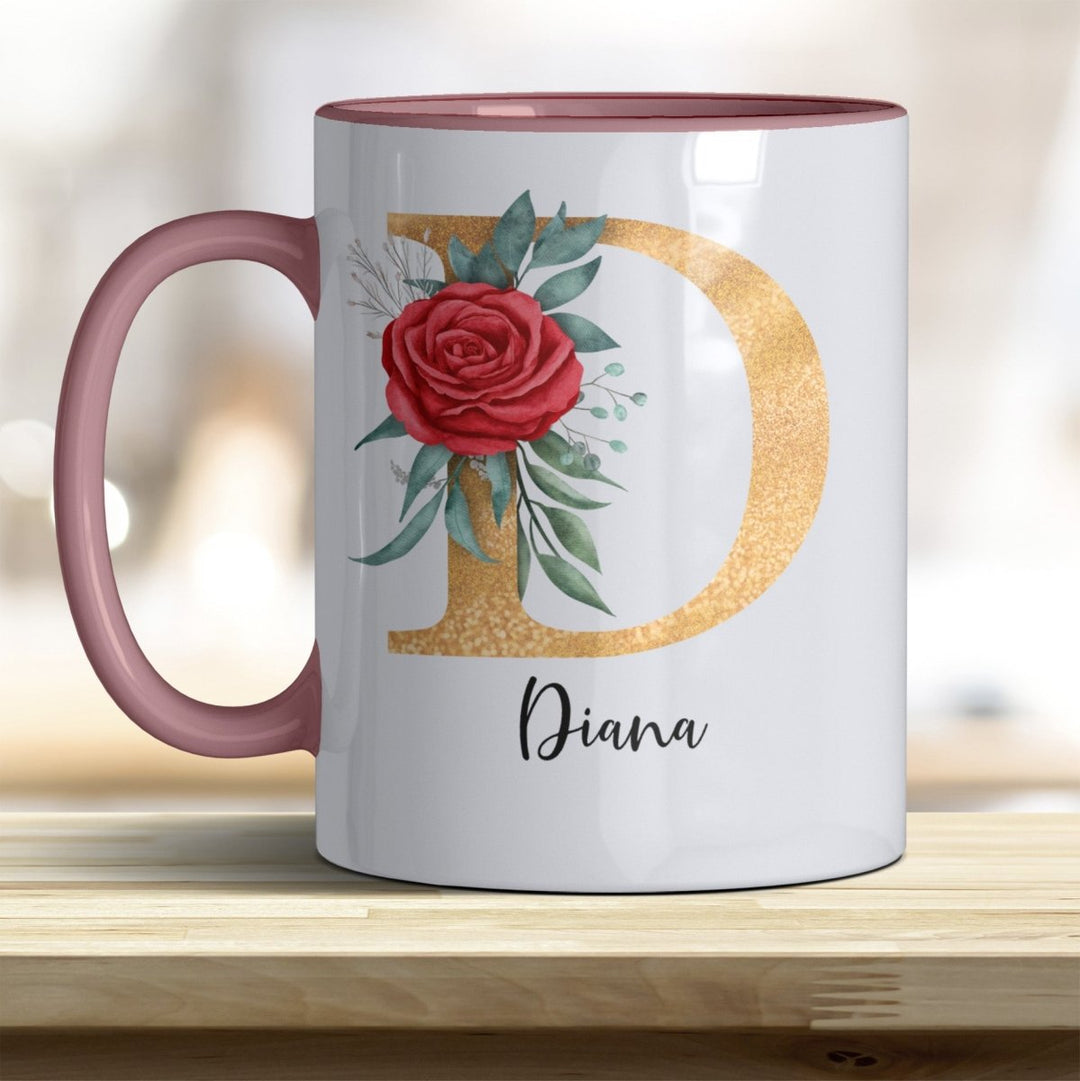 Personalisierte Initialen Tasse mit Name – Goldener Buchstabe mit Rose trendige Farben - all - yours24