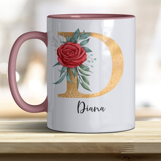 Personalisierte Initialen Tasse mit Name – Goldener Buchstabe mit Rose trendige Farben - all - yours24