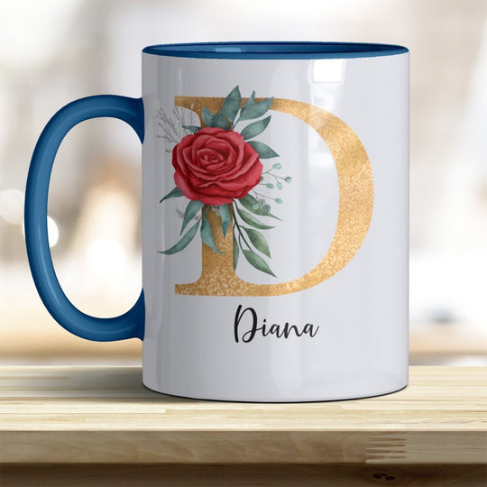 Personalisierte Initialen Tasse mit Name – Goldener Buchstabe mit Rose trendige Farben - all - yours24