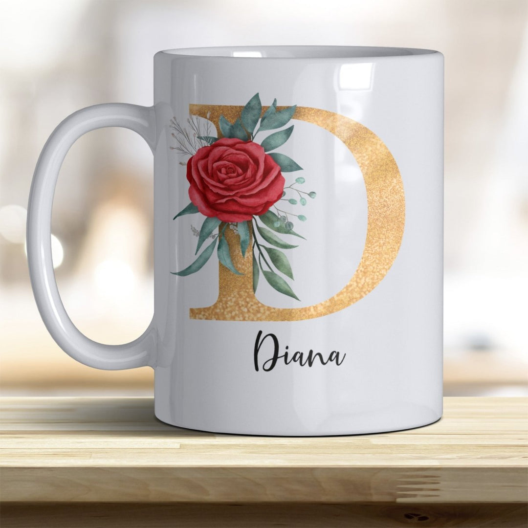 Personalisierte Initialen Tasse mit Name – Goldener Buchstabe mit Rose trendige Farben - all - yours24
