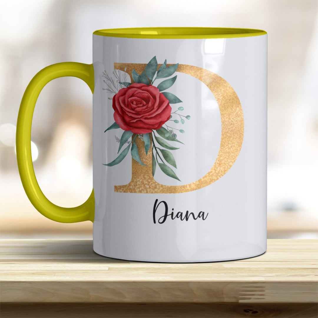 Personalisierte Initialen Tasse mit Name – Goldener Buchstabe mit Rose trendige Farben - all - yours24