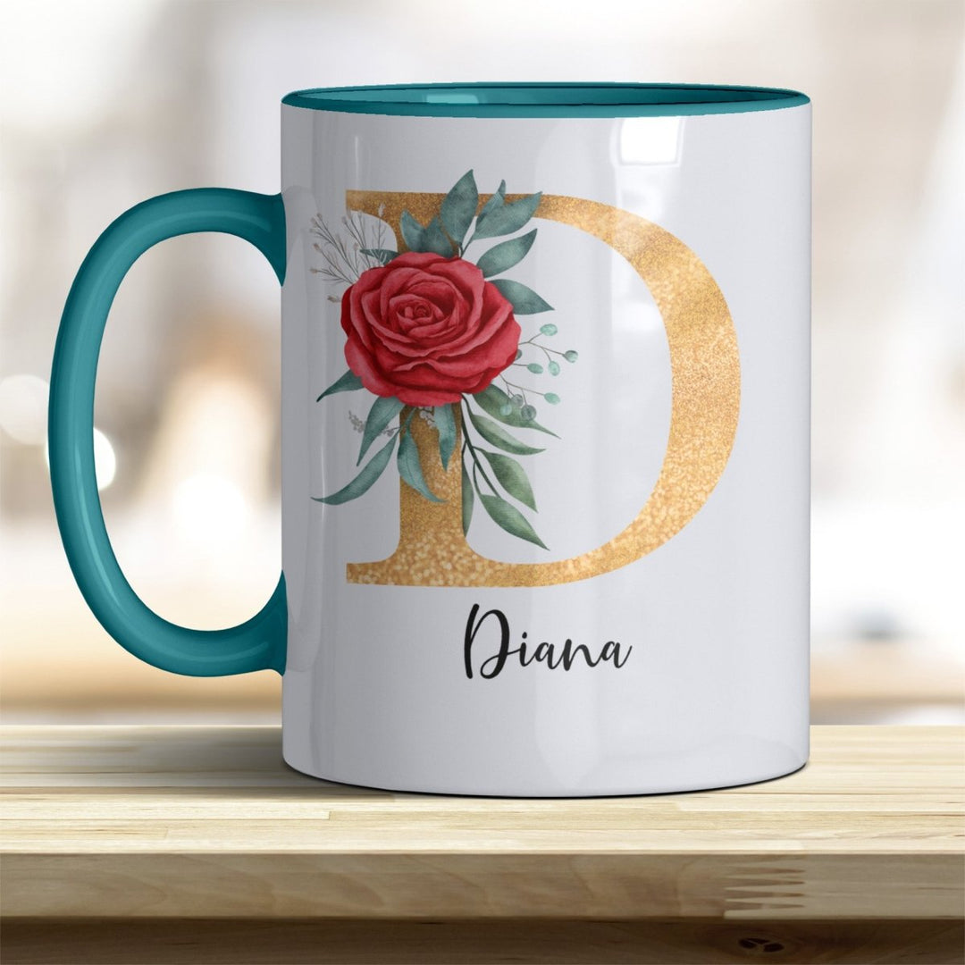 Personalisierte Initialen Tasse mit Name – Goldener Buchstabe mit Rose trendige Farben - all - yours24
