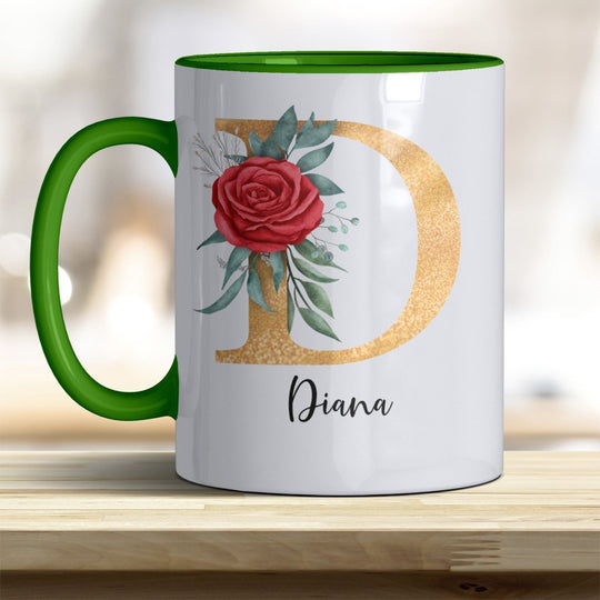 Personalisierte Initialen Tasse mit Name – Goldener Buchstabe mit Rose trendige Farben - all - yours24