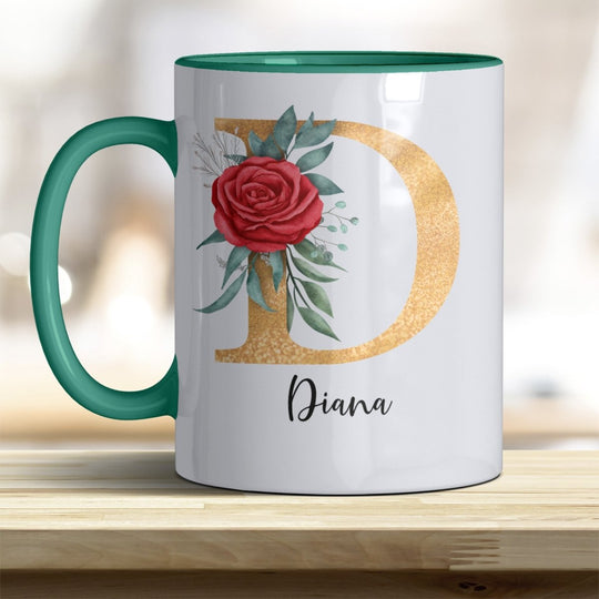 Personalisierte Initialen Tasse mit Name – Goldener Buchstabe mit Rose trendige Farben - all - yours24