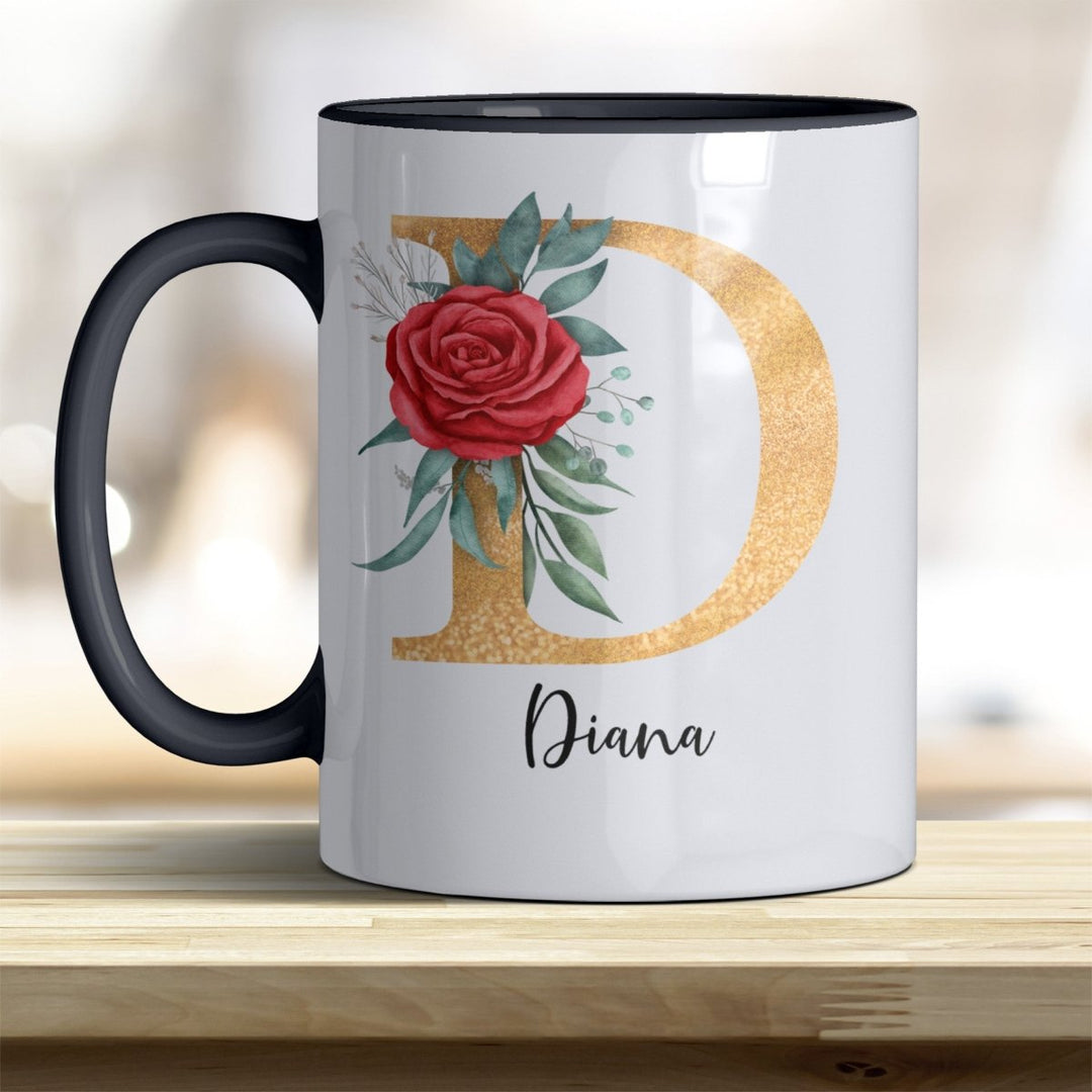 Personalisierte Initialen Tasse mit Name – Goldener Buchstabe mit Rose trendige Farben - all - yours24